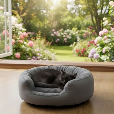 panier pour chat rond gris chat endormi
