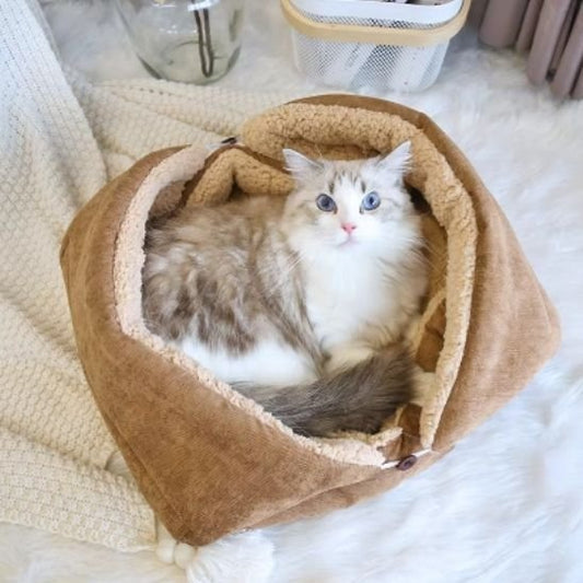panier pour chat tapis nid enveloppant beige avec chat 2