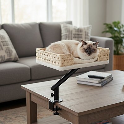 panier pour chat tressé support rotatif avec chat calme