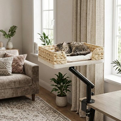 panier pour chat tressé support rotatif avec chat endormi
