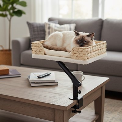 panier pour chat tressé support rotatif avec chat tranquille