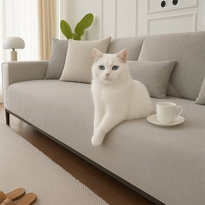 protection canapé chat gris clair avec chat blanc
