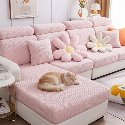 protection canapé chat rose avec chat endormi