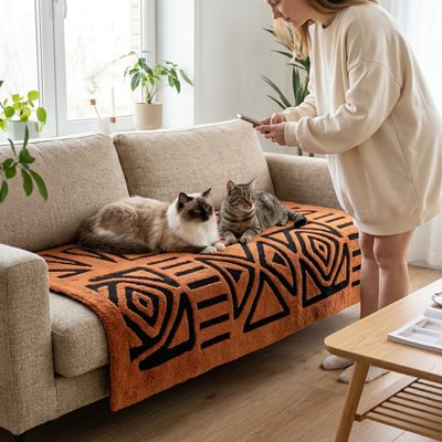 protege canape chat orange motifs couverture