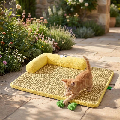 tapis chat avec rebord jaune chaton jouant jardin