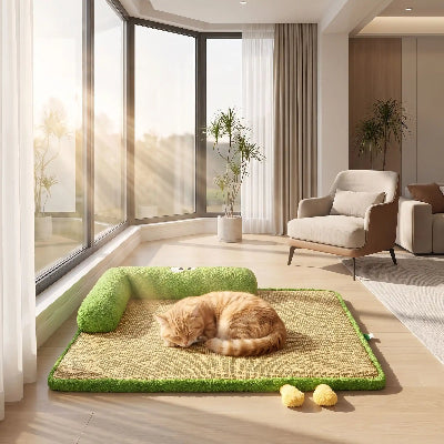 tapis chat avec rebord vert chat endormi soleil