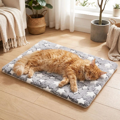 tapis chat gris étoilé chat roux allongé endormi 