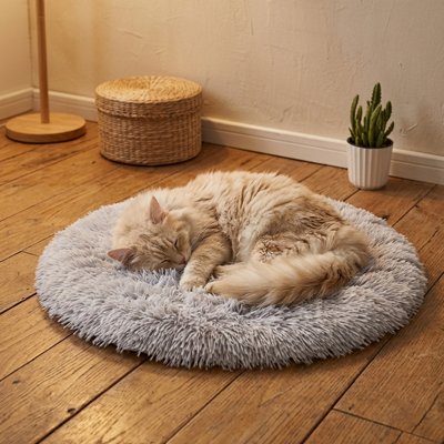 tapis chat rond gris chat enroulé endormi