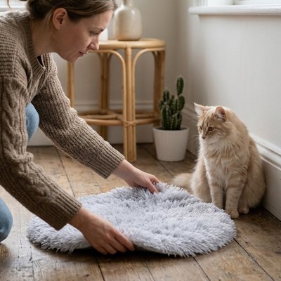tapis chat rond gris femme chat assis 