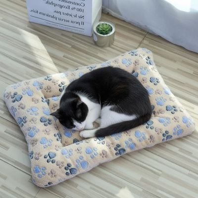 tapis pour chat beige empreintes pattes chat endormi