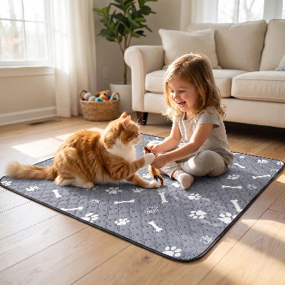 tapis pour chat empreintes pattes os fille jouant chat