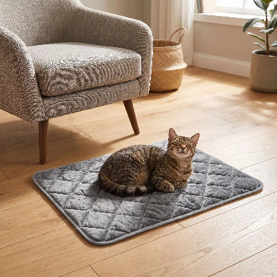 tapis pour chat gris doux chat allongé