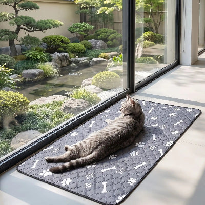 tapis pour chat gris empreintes pattes os chat allongé