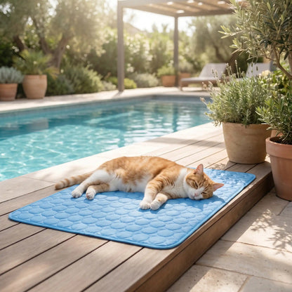 tapis rafraichissant chat bleu avec chat allongé 