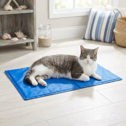 tapis rafraichissant chat bleu gel avec chat allongé calme 