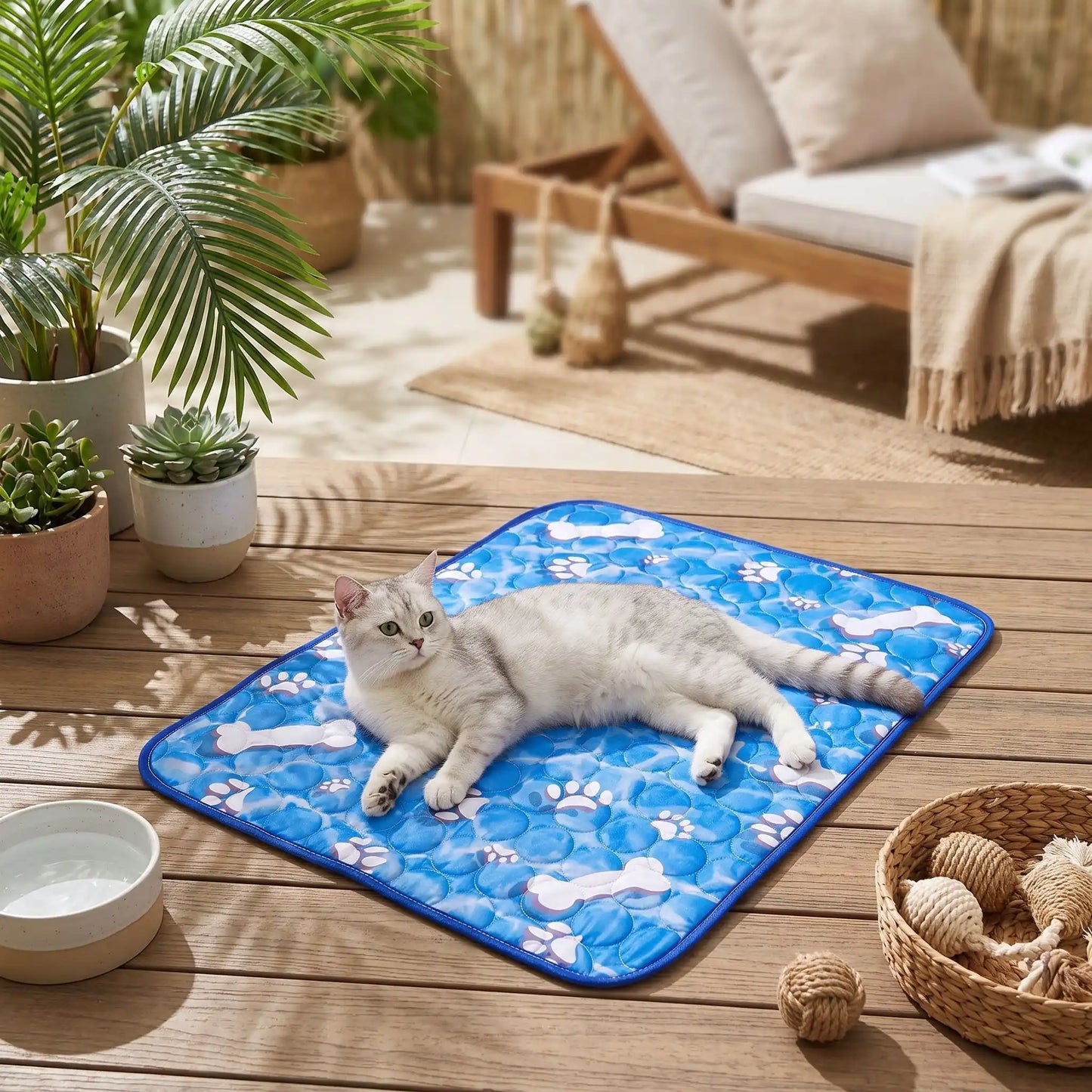 tapis rafraichissant chat bleu motifs pattes os 