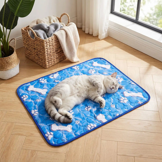 tapis rafraichissant chat bleu pattes os chat endormi 