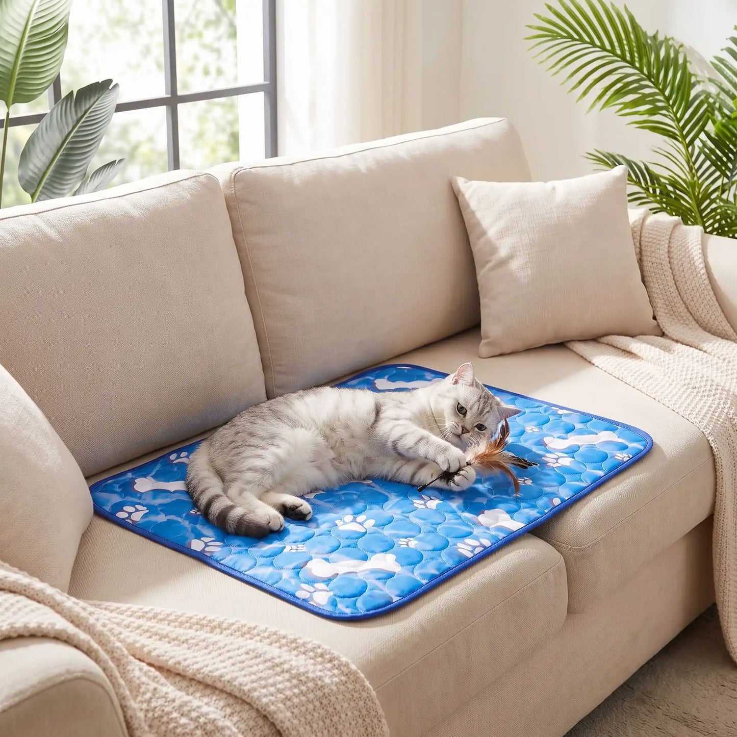 tapis rafraichissant chat bleu pattes os chat jouant 