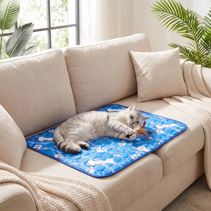 tapis rafraichissant chat bleu pattes os chat jouant 