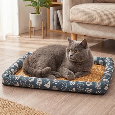 tapis rafraichissant chat bleu rotin avec chat allonge tranquille