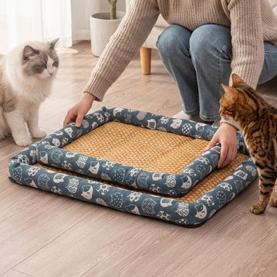tapis rafraichissant chat bleu rotin deux tailles deux chats 