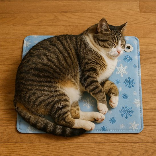tapis rafraichissant chat flocons avec chat allonge dodo