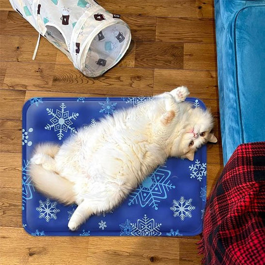 tapis rafraichissant chat flocons avec chat sur le dos 