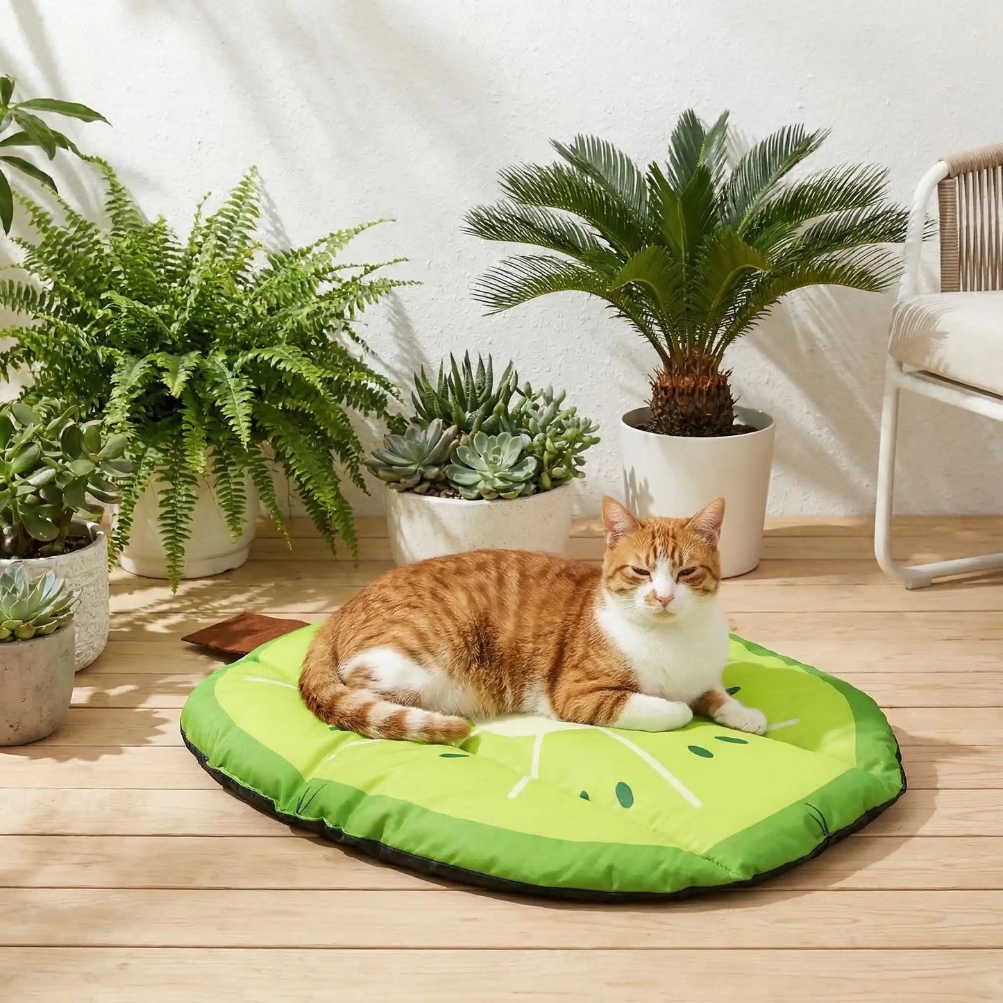 tapis rafraichissant chat kiwi avec chat allongé tranquille