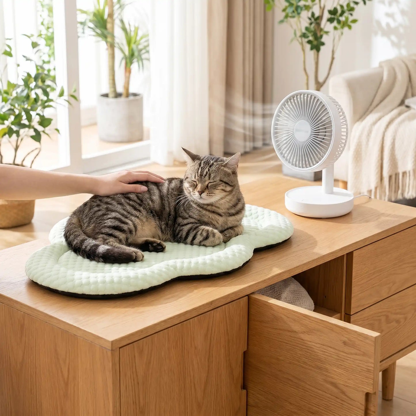 tapis rafraichissant chat nuage vert meuble ventilateur 