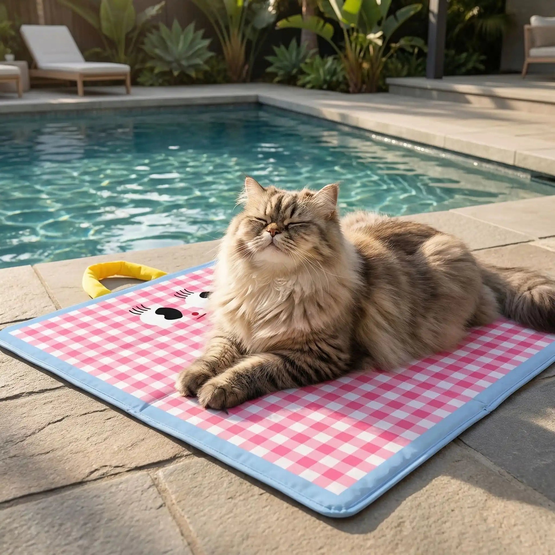 tapis rafraichissant chat pliable carreaux roses chat piscine 