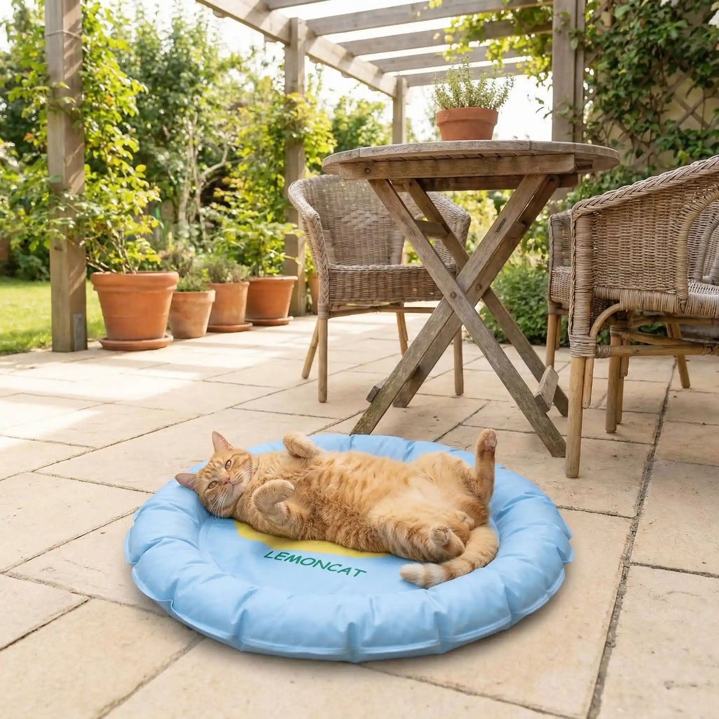 tapis rafraichissant chat rond avec chat sur dos