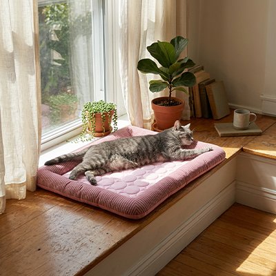 tapis rafraichissant chat rose avec chat endormi