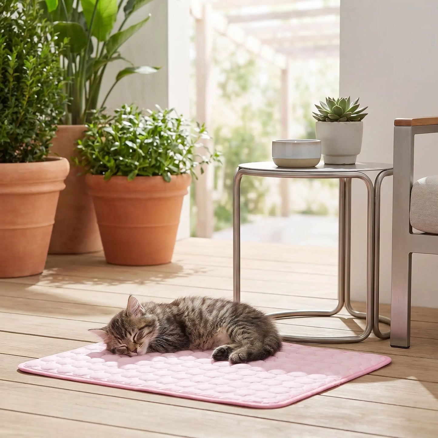 tapis rafraichissant chat rose avec chat endormi 