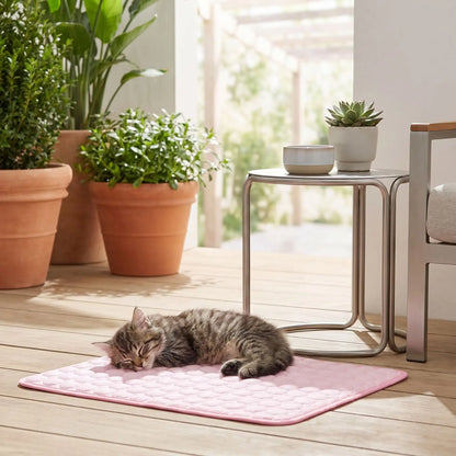 tapis rafraichissant chat rose avec chat endormi 