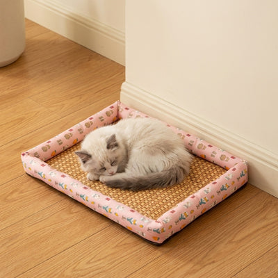 tapis rafaichissant chat rose rotin avec chat endormi