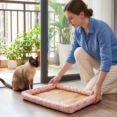 tapis rafraichissant chat rose rotin chat humain 