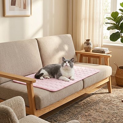 tapis rafraichissant chat rose sur canape avec chat 