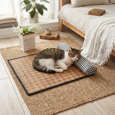 tapis rafraichissant chat rotin avec chat endormi 1