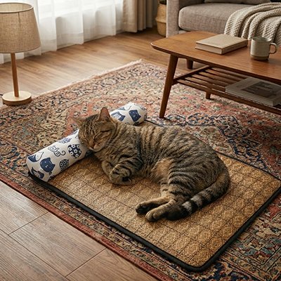 tapis rafraichissant chat rotin avec chat repos 