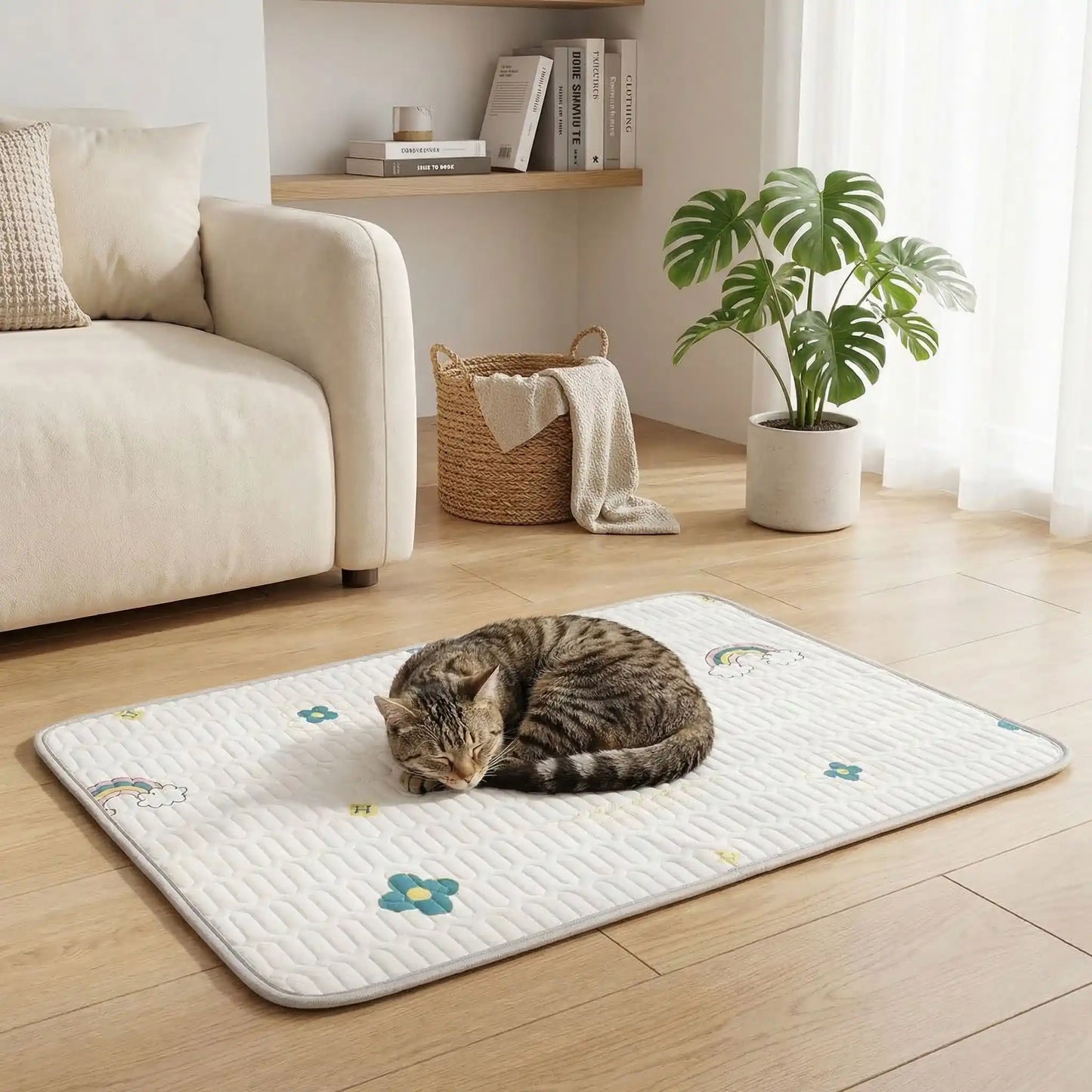 tapis rafraichissant chat soie latex avec chat endormi