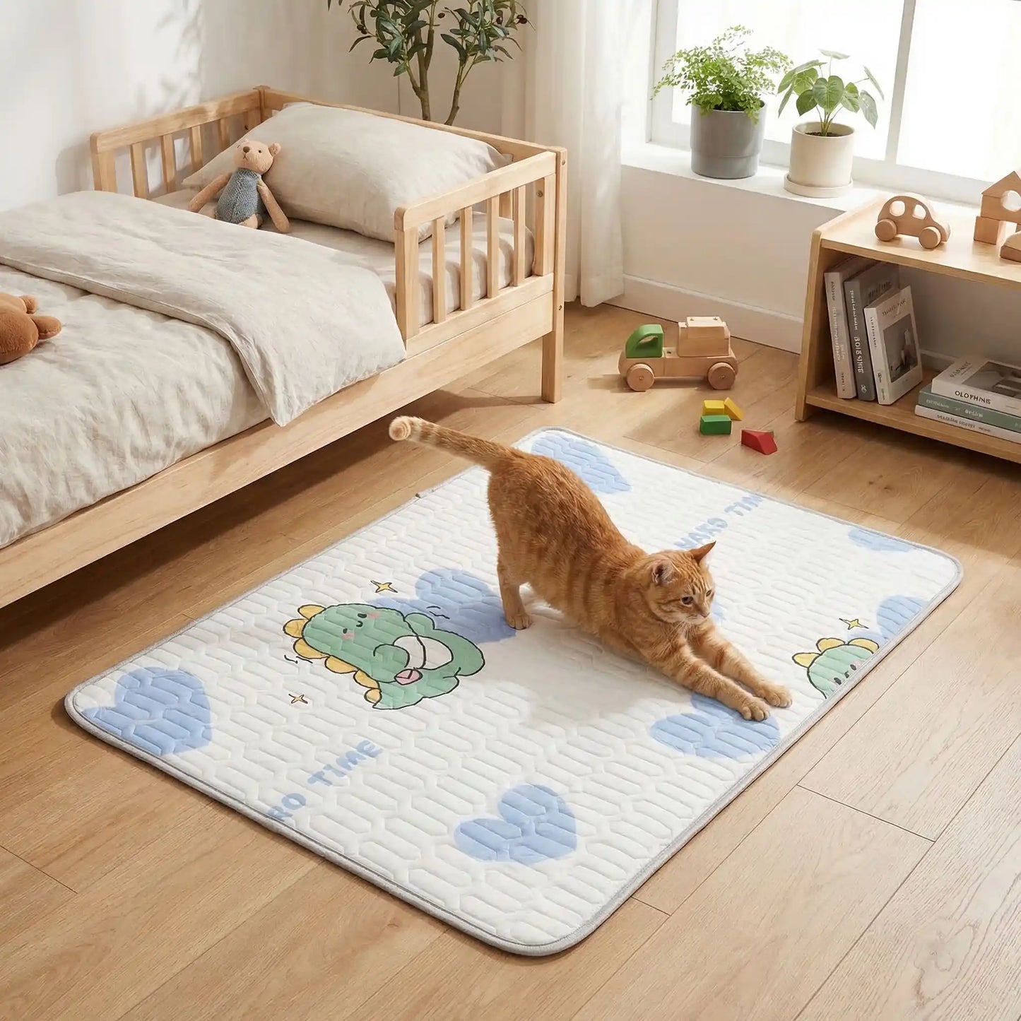 tapis rafraichissant chat soie latex avec chat qui s'étire
