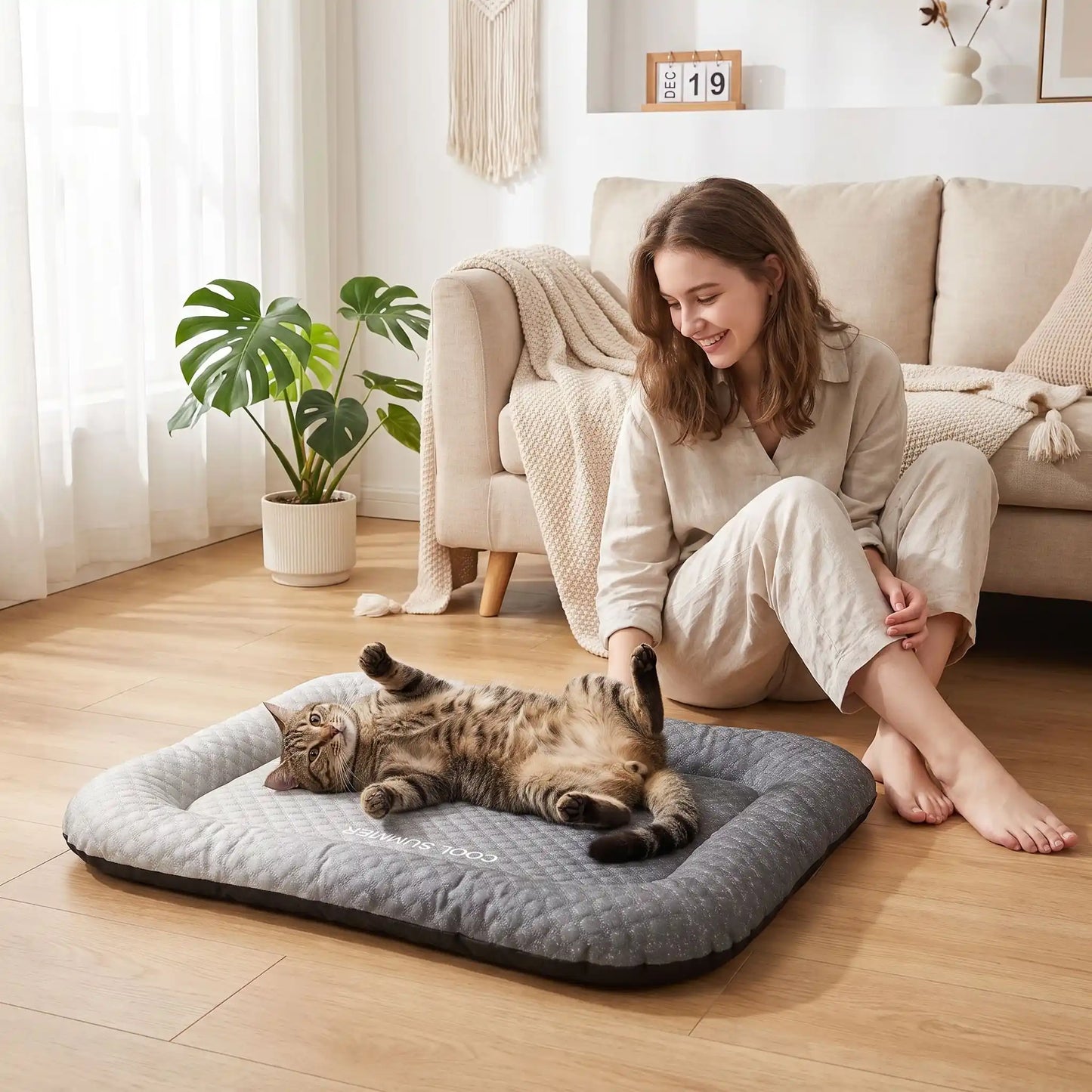 tapis rafraichissant chat soie végétal dégradé gris 