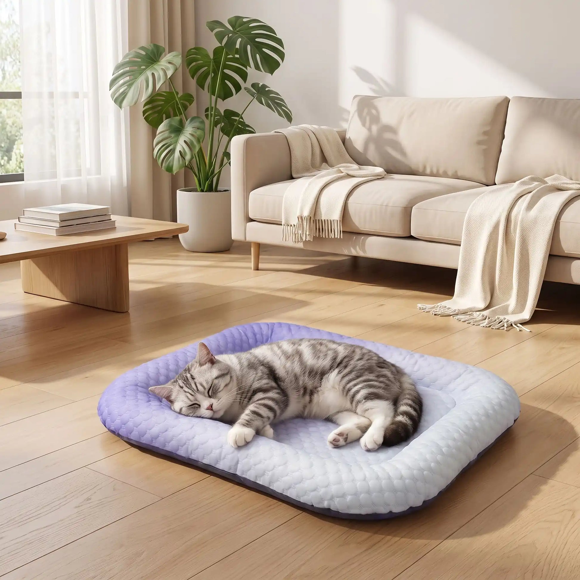 tapis rafraichissant chat soie végétal dégradé violet 