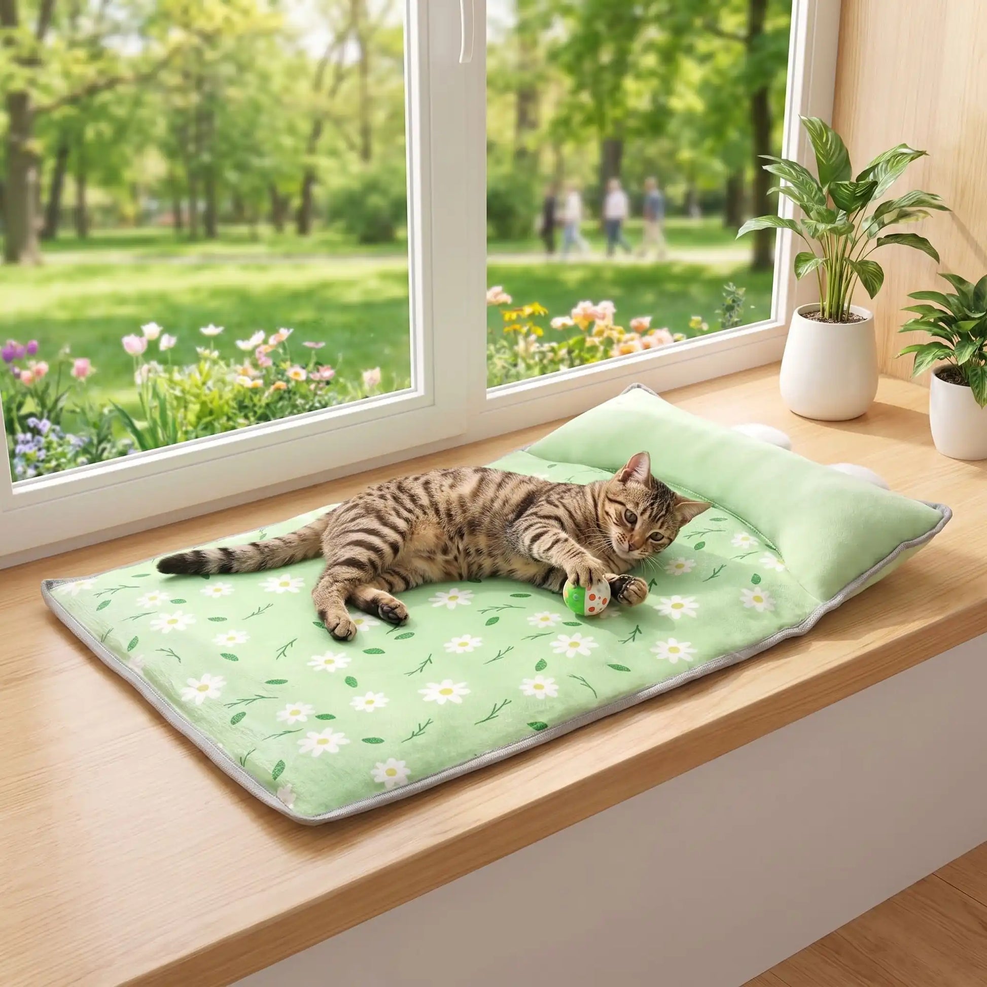 tapis rafraichissant chat soie vert chat jouant fenêtre 