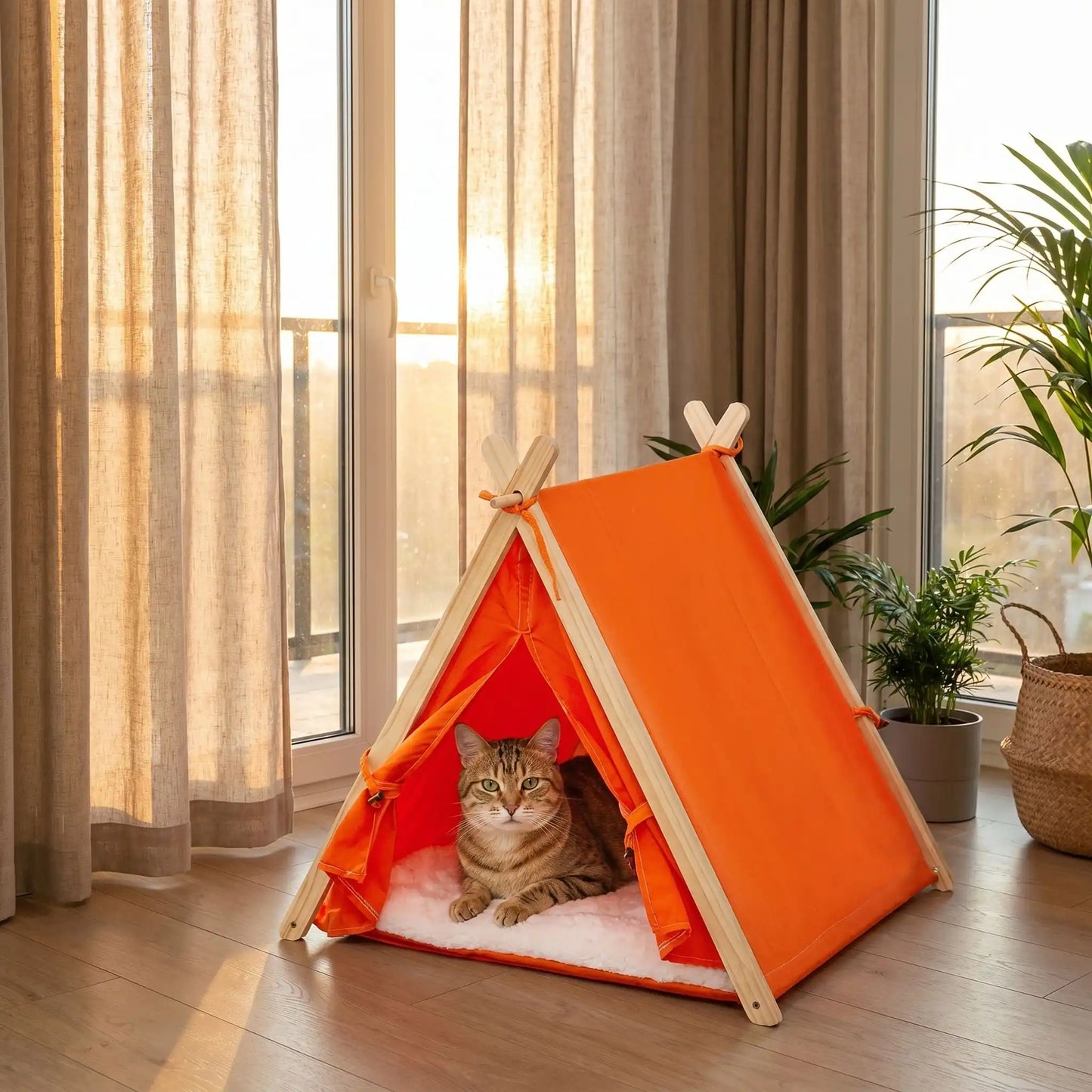 tente pour chat en bois orange avec chat allongé
